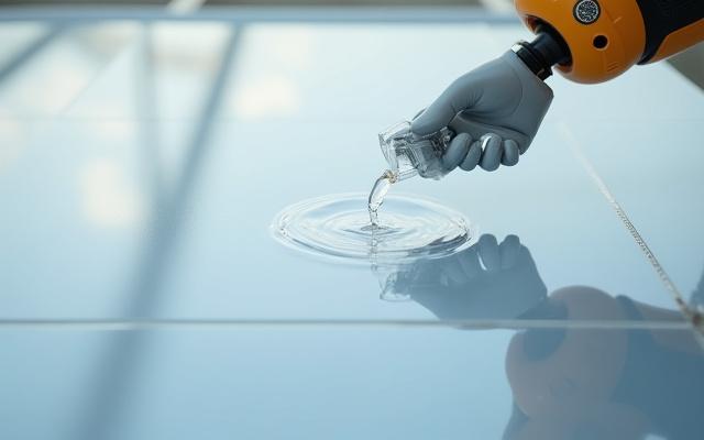 태양광 패널에 안티-소일링 코팅을 적용하는 모습