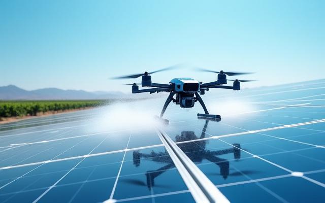 드론이 태양광 패널을 세척하는 모습