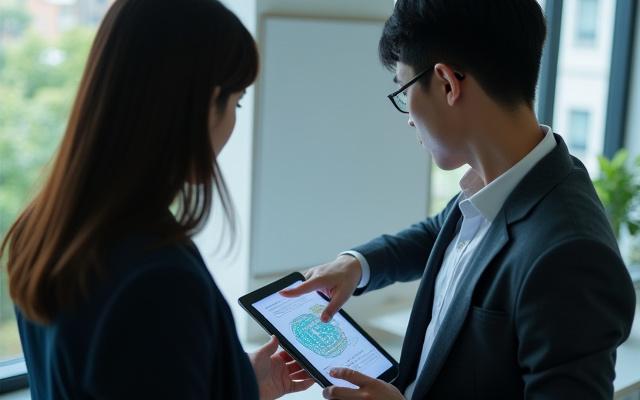 두 명의 전문가가 태블릿을 보며 에너지 효율에 대해 상담하는 모습