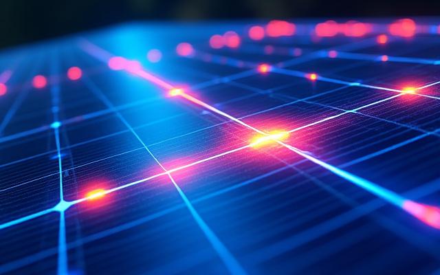 태양광 패널의 열화상 영상, 비정상적인 발열 부분을 보여줌